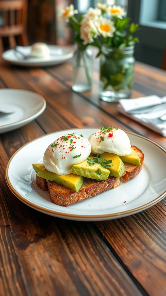 Elegant avocado toast with poached eggs, garnished with herbs and red pepper flakes on a rustic table.